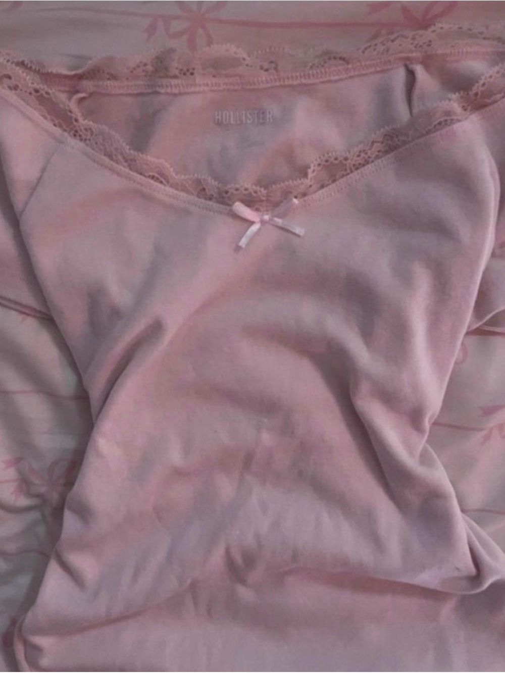 Hollister Light Pink Lace-Trim off the shoulder top with Bow